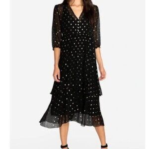 Johnny Was Raja Black Silk Gold Metallic Tiered Ruffle Puff Sleeve Midi Dress